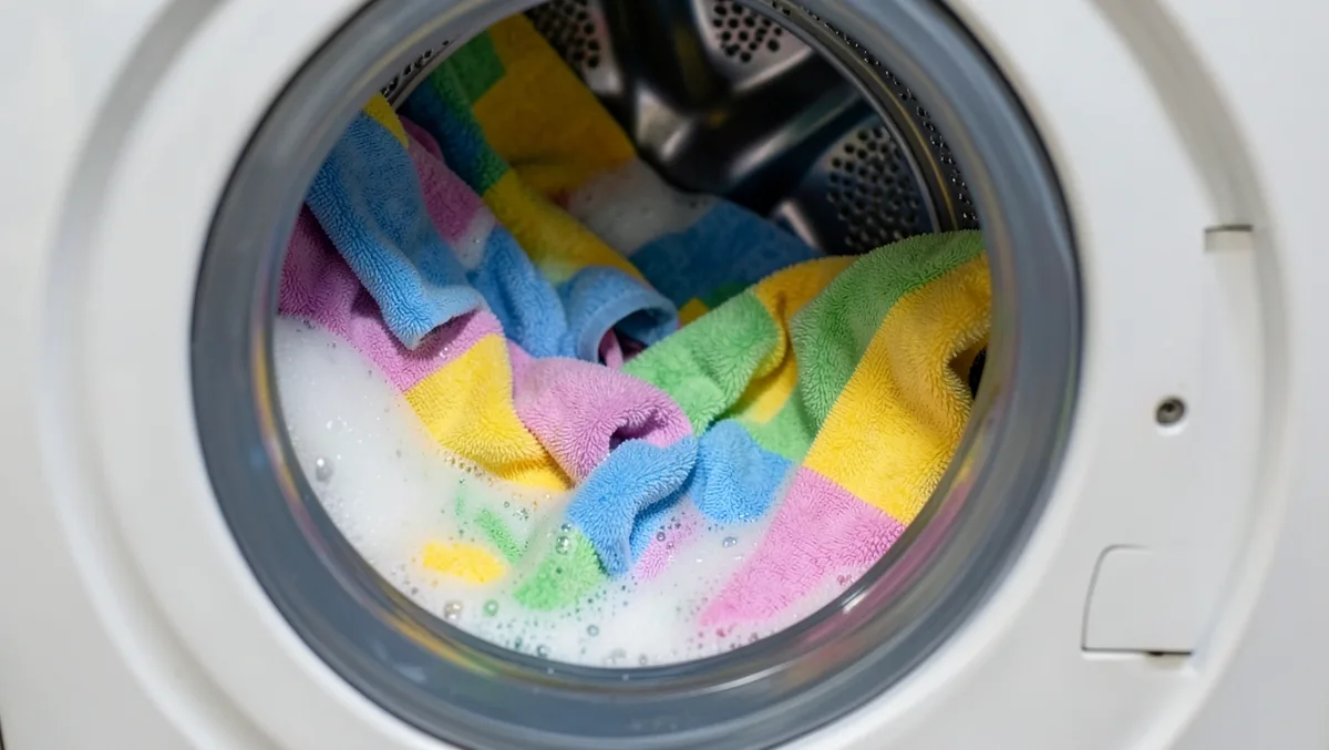 Colorful microfiber car detailing towels tumbling in soapy water during a gentle wash cycle