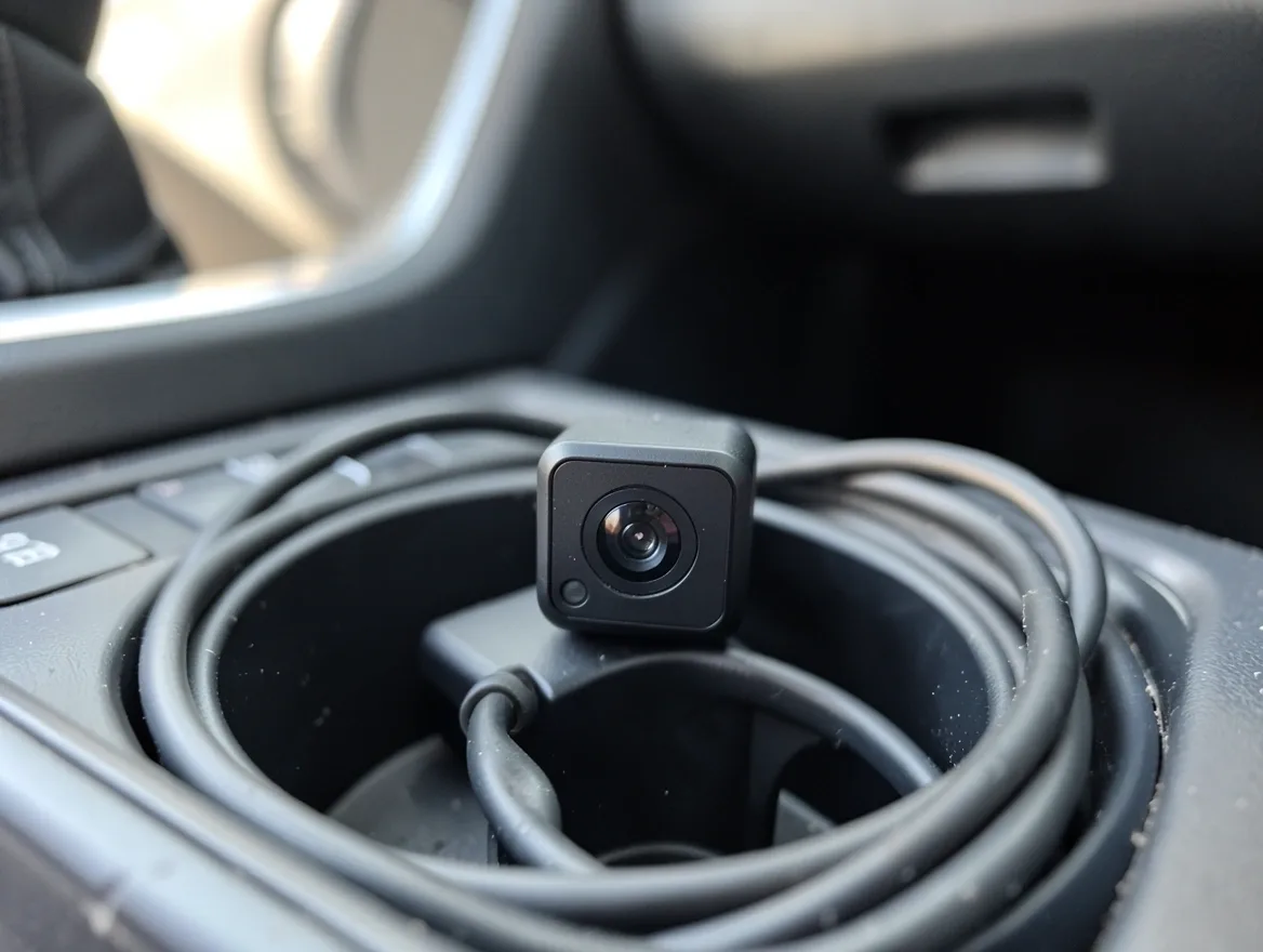 Small wireless mini camera with a USB charging cable resting in a car center console cupholder