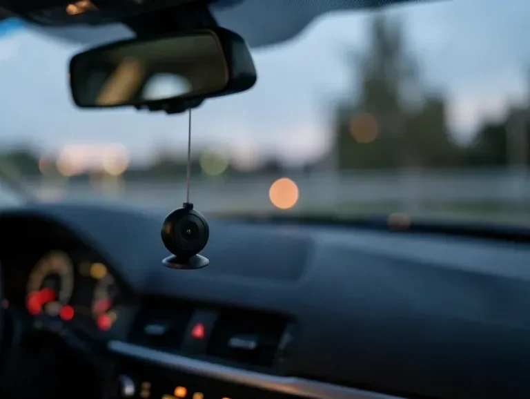 Small covert camera clipped to a car rearview mirror mount inside the vehicle at dusk