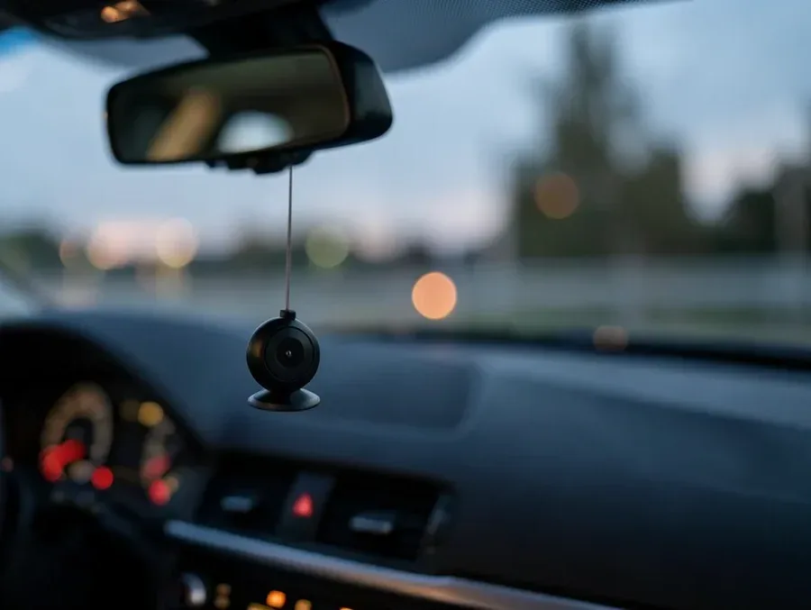 Small covert camera clipped to a car rearview mirror mount inside the vehicle at dusk