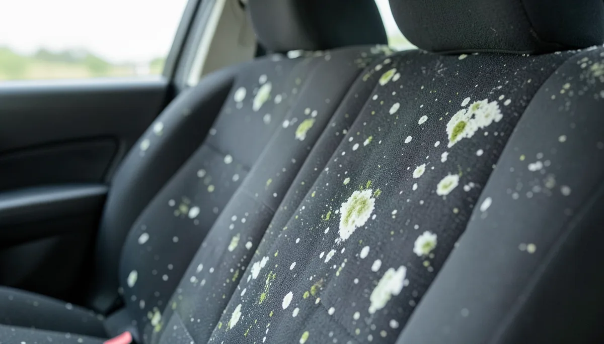 Close-up of mold and mildew stains on a car fabric back seat