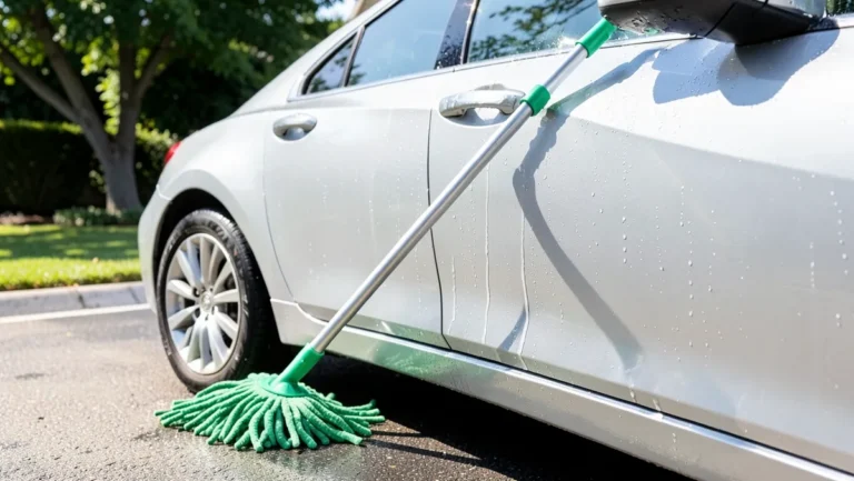 Green chenille car wash mop with long handle leaning against a wet, freshly soaped car in a driveway