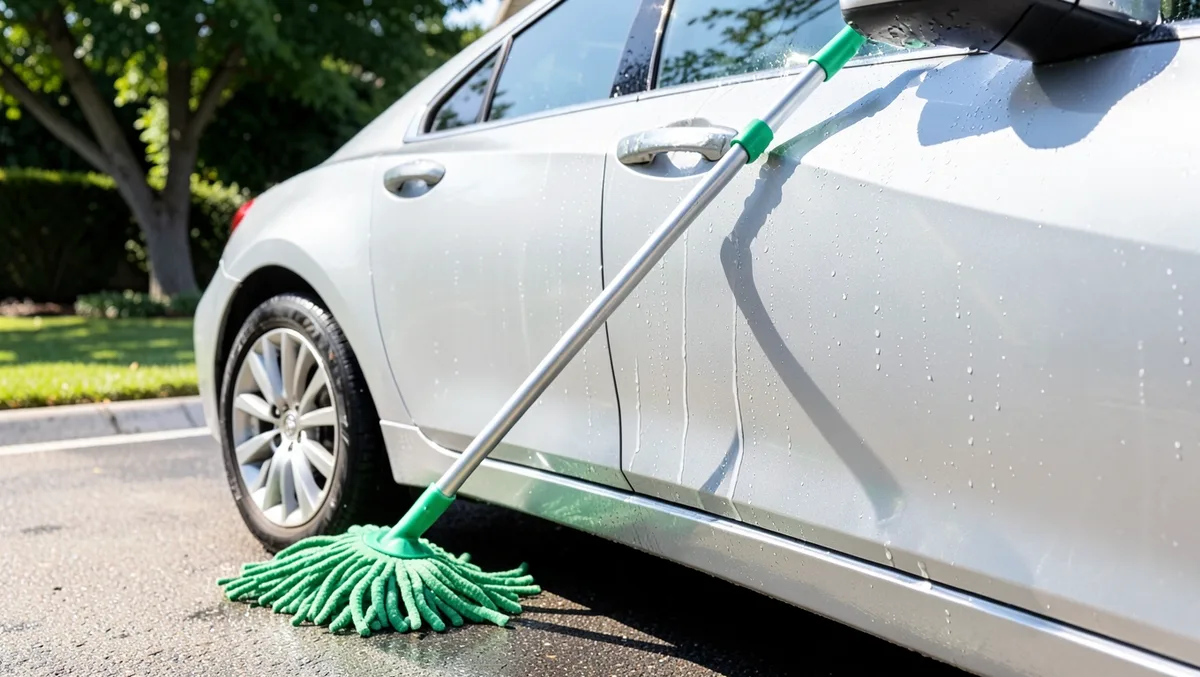Green chenille car wash mop with long handle leaning against a wet, freshly soaped car in a driveway