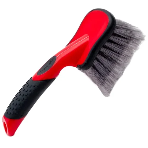 Mothers Car Wash Brush with red and black short handle and soft gray bristles for wheels and fenders