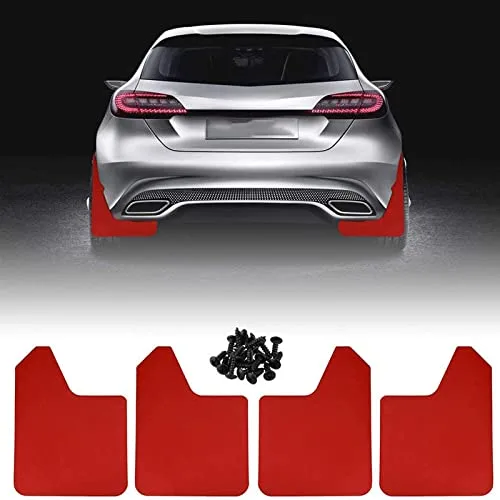 RULLINE red universal mud flaps installed behind the rear wheels of a sedan