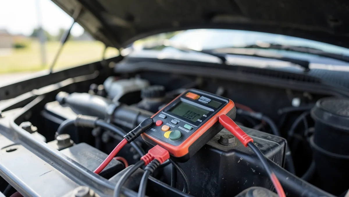 Digital multimeter clipped to a car battery to test alternator charging voltage