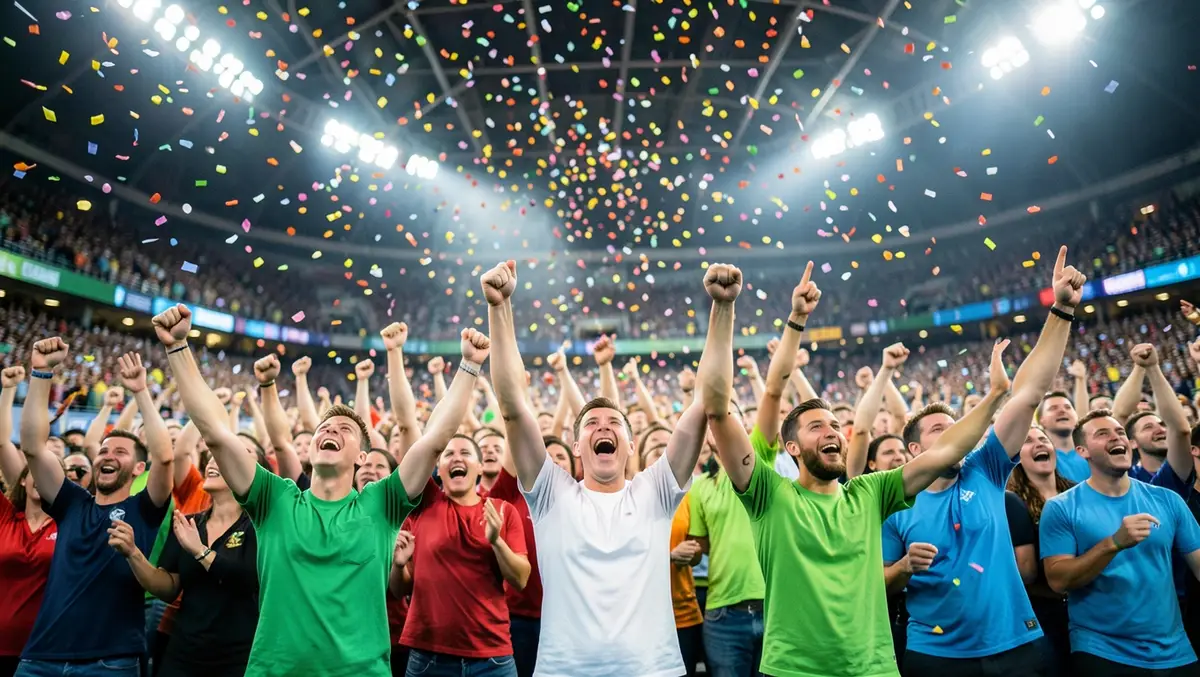 Packed sports arena crowd celebrating with arms raised as confetti falls