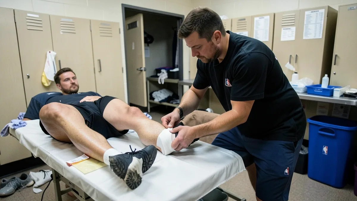 Athletic trainer taping a basketball player's ankle in an NBA locker room during injury recovery