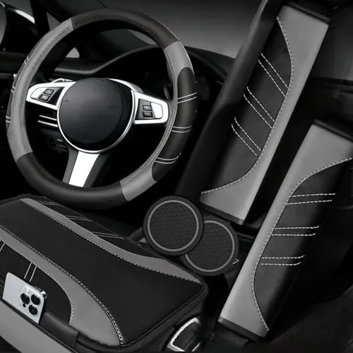 NBTEPEM 6-piece grey car accessory set: steering wheel cover, two seat belt covers, an armrest cover, and two cup holder coasters