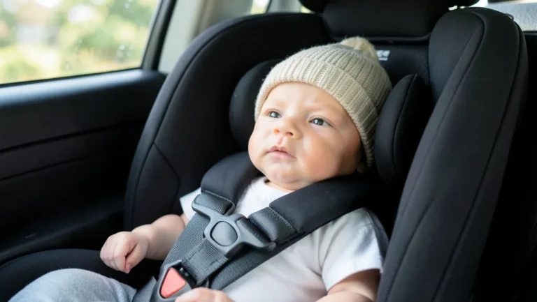 Newborn baby buckled into a rear-facing infant car seat before a hospital car seat tolerance test
