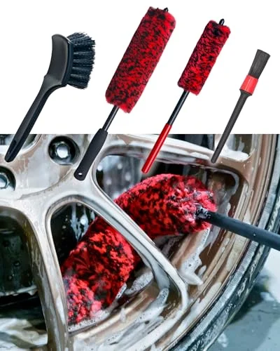 Oesee 4-piece long handle wheel and tire brush kit including two soft wheel brushes, a detailing brush, and a stiff tire brush