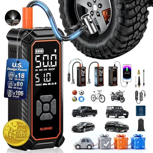 OlarHike dual-power tire inflator with digital display connected to an off-road wheel