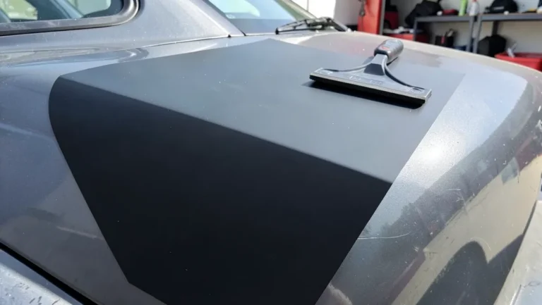 Matte black vinyl decal applied smoothly to a car fender with a squeegee resting nearby