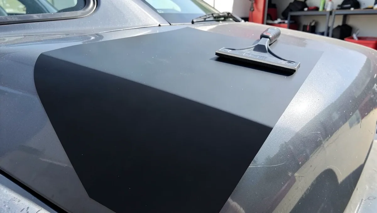 Matte black vinyl decal applied smoothly to a car fender with a squeegee resting nearby