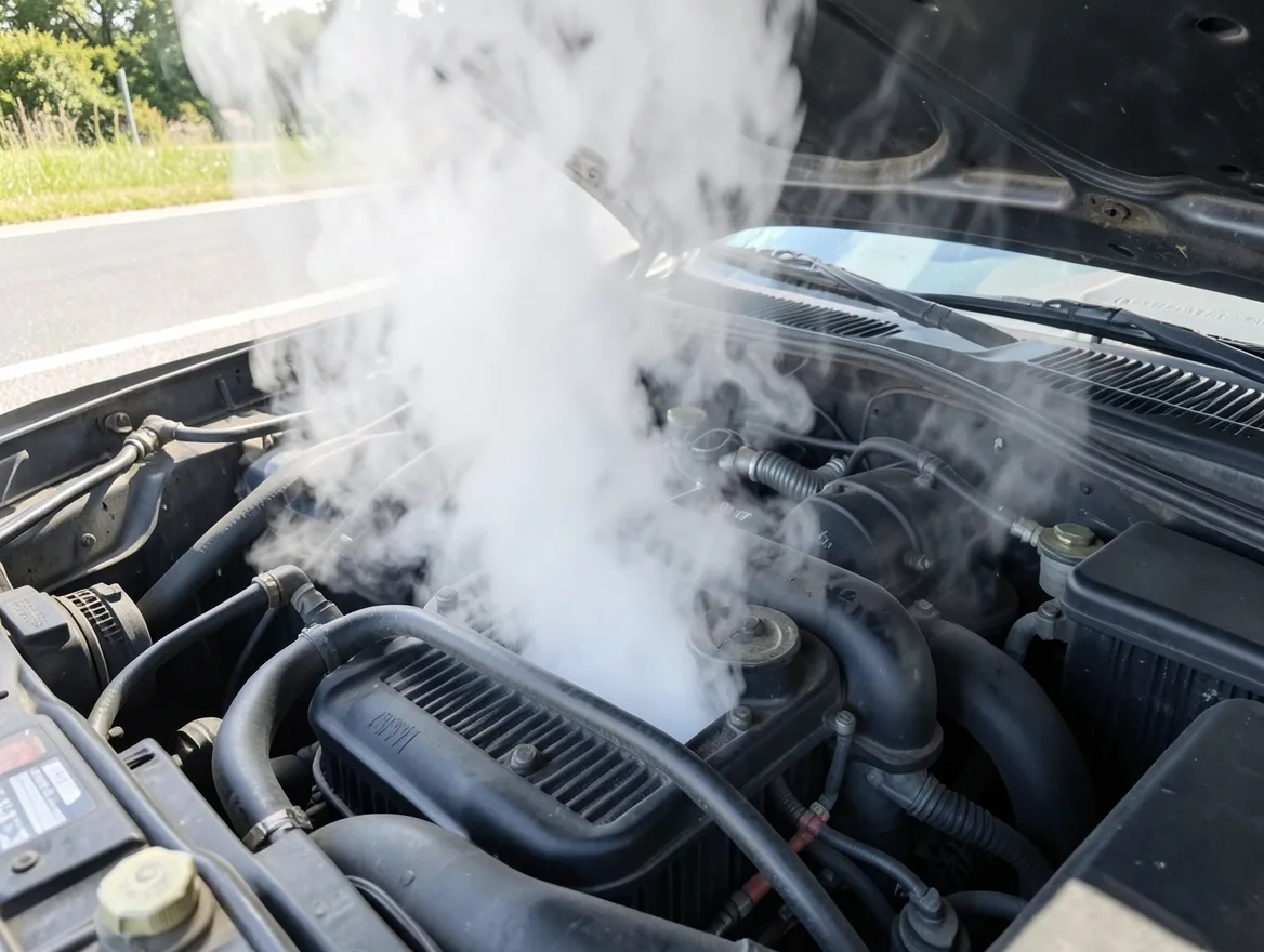 Steam rising from an overheated car engine bay after a cooling fan failure