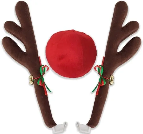 OxGord reindeer antlers and round red nose car kit with jingle bells on a white background