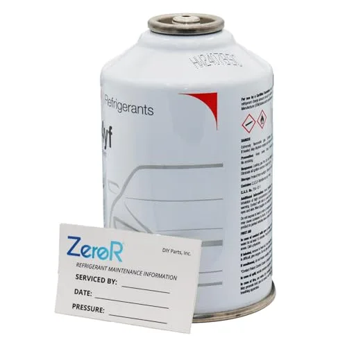 ZeroR HFO-1234YF R1234YF refrigerant 8oz can with reverse-thread fitting and maintenance service label