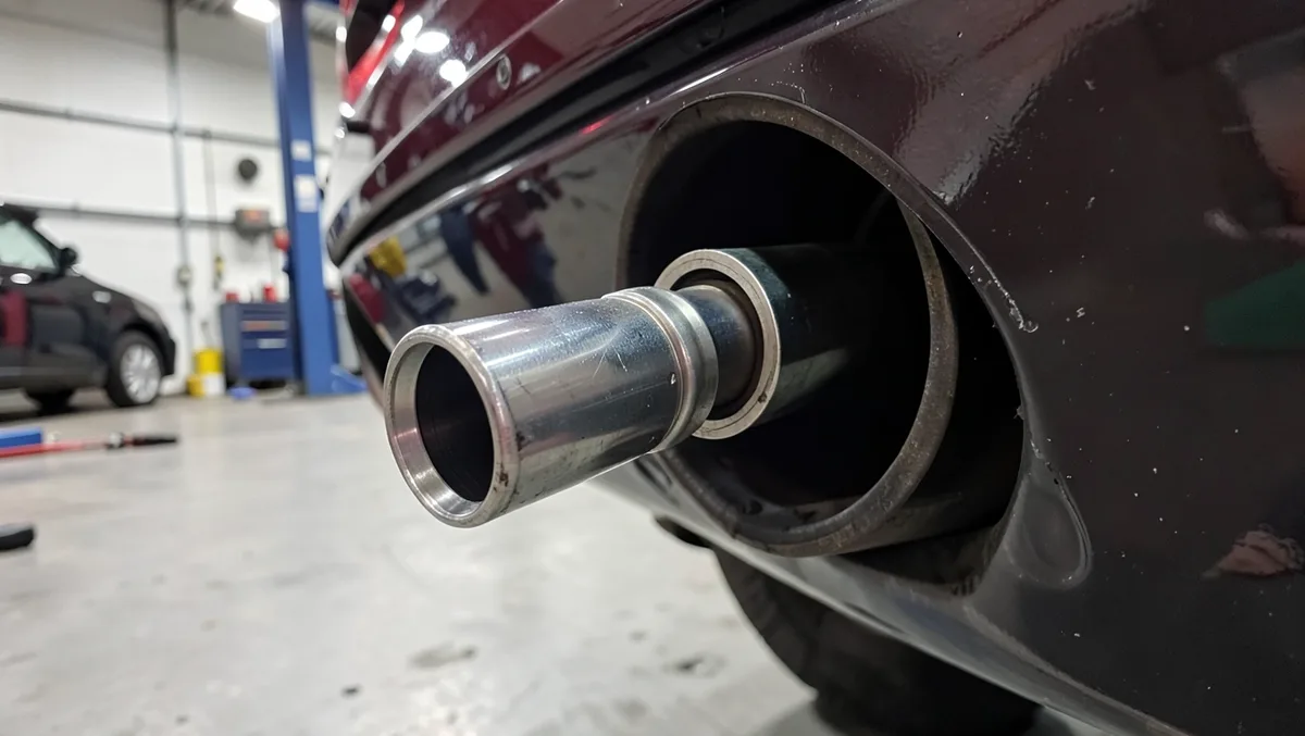 Emissions test probe inserted into the tailpipe of an older car during a Pennsylvania inspection