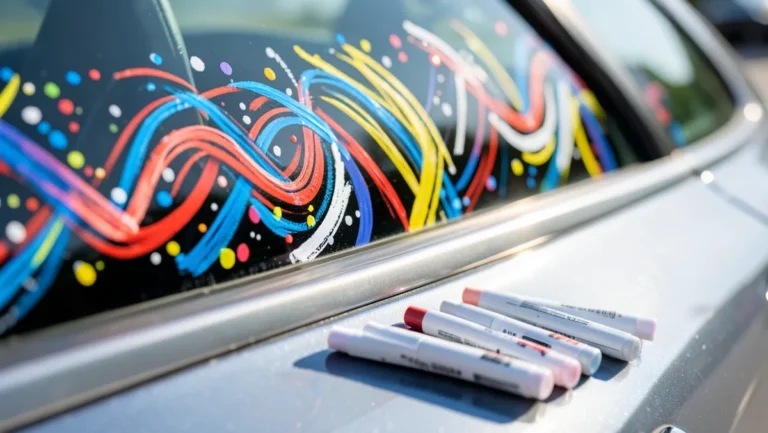 Colorful paint marker swirls decorating a car side window with markers resting on the door panel
