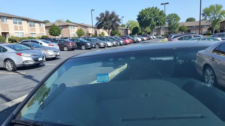 Apartment complex parking lot with a blue parking permit sticker visible on a windshield