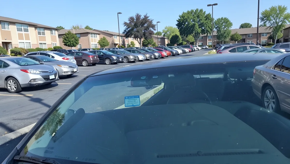 Apartment complex parking lot with a blue parking permit sticker visible on a windshield