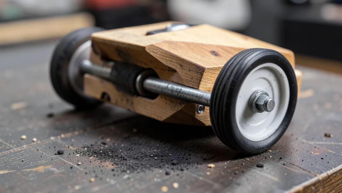 Pinewood Derby car wooden body with metal axle, plastic wheel, and graphite powder dust visible on the workbench