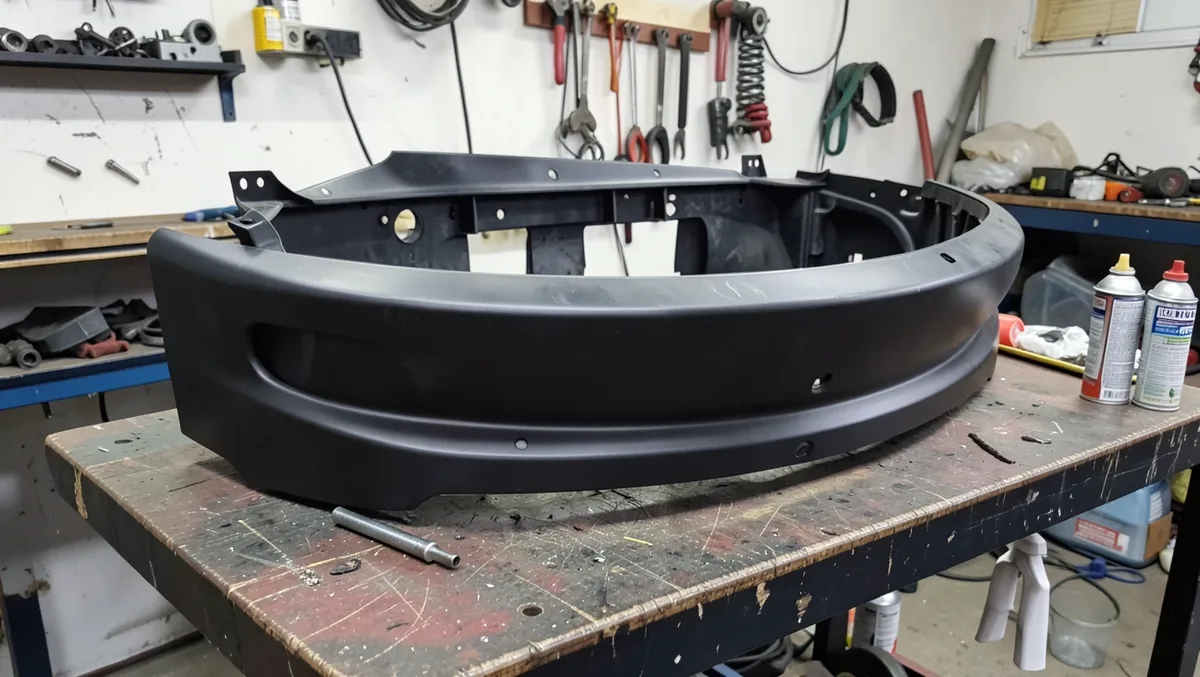 Plastic front bumper cover removed from a car and resting on a body shop workbench, showing the flexible plastic material
