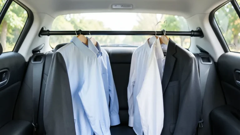 A telescoping clothes hanger pole mounted between rear grab handles in a car with dress shirts and a blazer hanging on wooden hangers