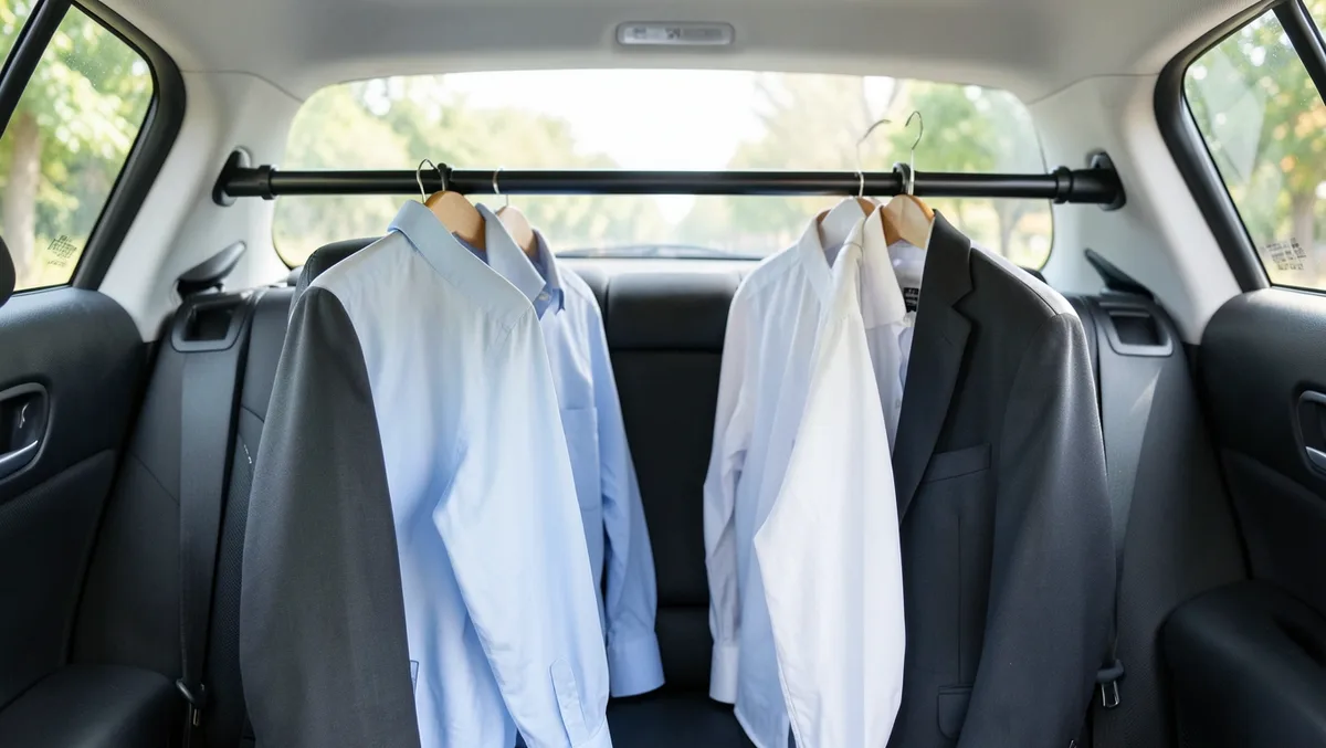 A telescoping clothes hanger pole mounted between rear grab handles in a car with dress shirts and a blazer hanging on wooden hangers