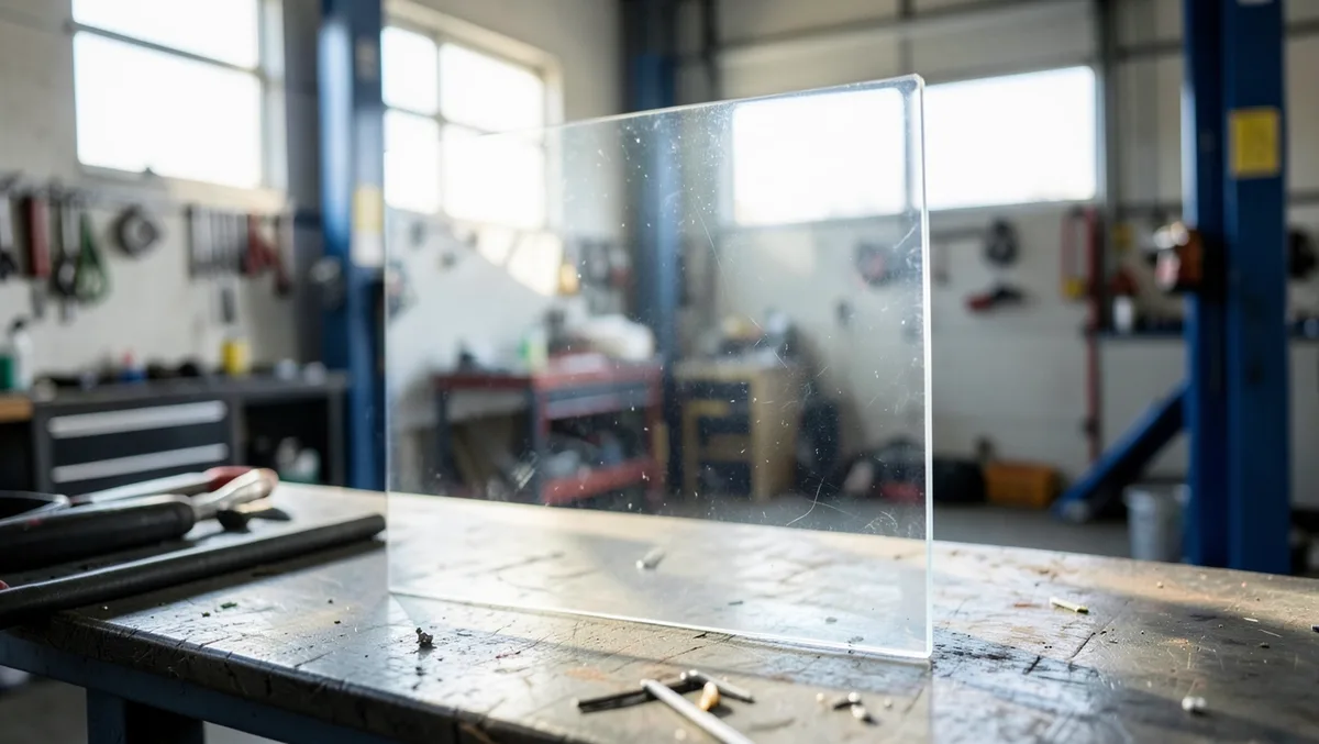 Clear polycarbonate plastic sheet panel standing upright on a workbench in an auto body shop