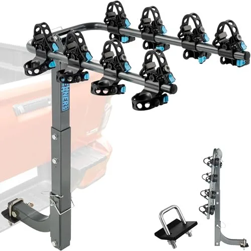 Heavy-duty 4-bike hitch rack with dual cradle systems mounted on a truck receiver