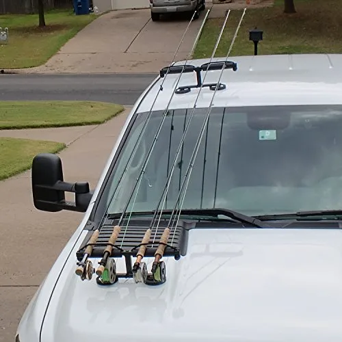 Tight Line Enterprises magnetic fishing rod rack mounted on a truck hood and roof