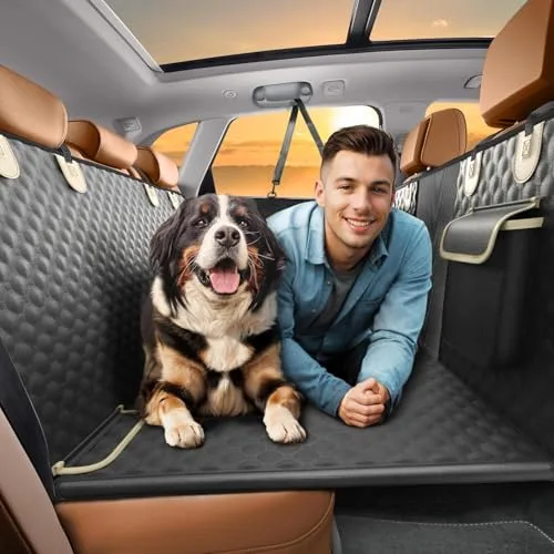 SHARLOVY Heavy Duty Back Seat Extender for Dogs, Hard Bottom Dog Car Seat Cover with Mesh Window