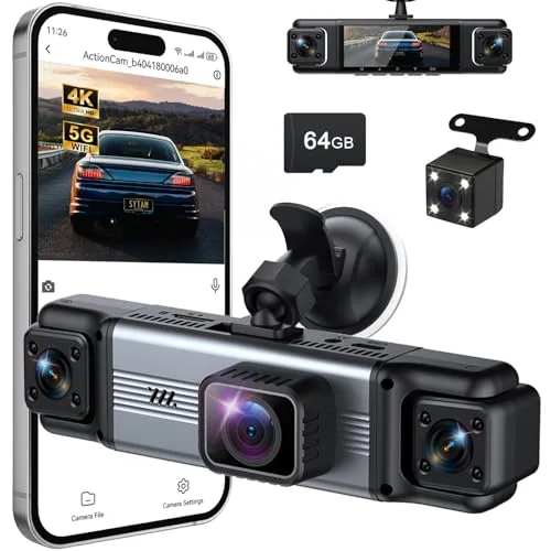 4 Channel 360 degree Dash Cam Front and Rear Inside with 64GB card, phone app, and rear camera shown