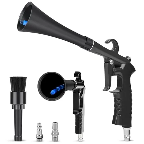 Car detailing air blow gun kit with long nozzle, brush attachment, and quick-connect fittings