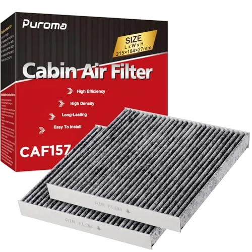 Puroma activated carbon cabin air filter 2-pack box and filters, model CAF157