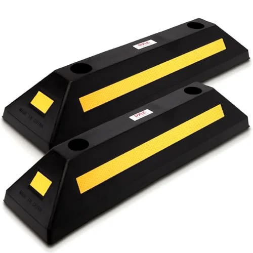 Two Pyle heavy duty rubber wheel stops with yellow reflective stripes shown side by side for garage parking