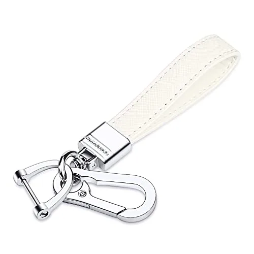 White leather car keychain with a silver swivel snap hook and anti-lost D-ring