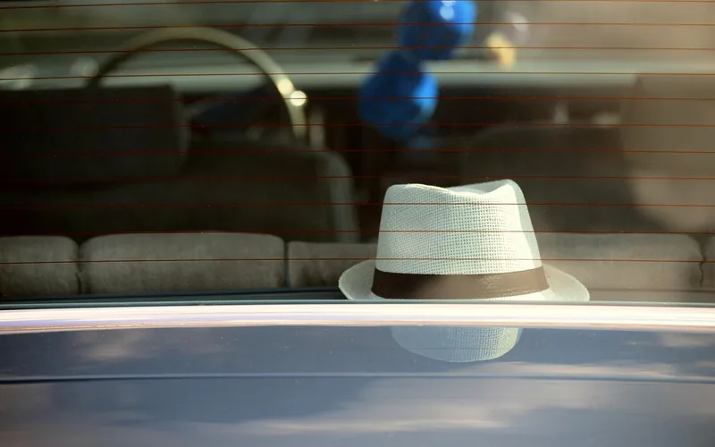 Thin horizontal defroster grid lines on a car rear window seen from outside