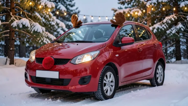 Red car decorated with plush reindeer antlers on the windows and a red pom-pom nose on the grille, parked in the snow
