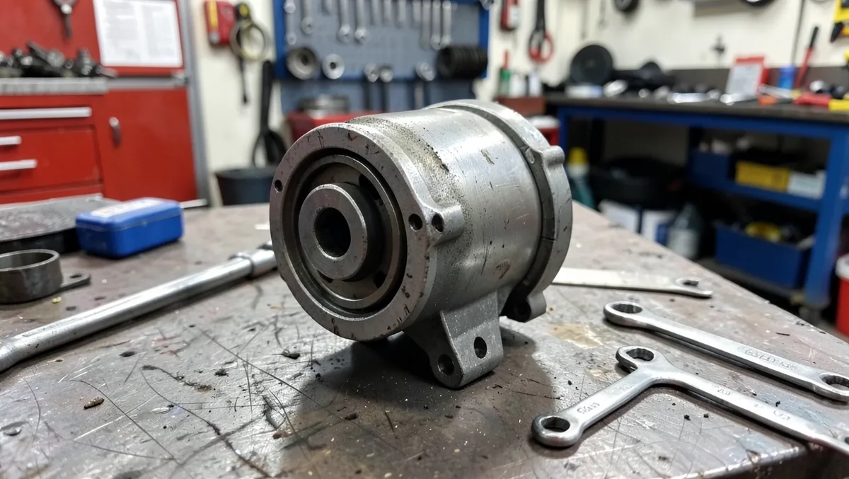 A removed car AC compressor sitting on a repair shop workbench