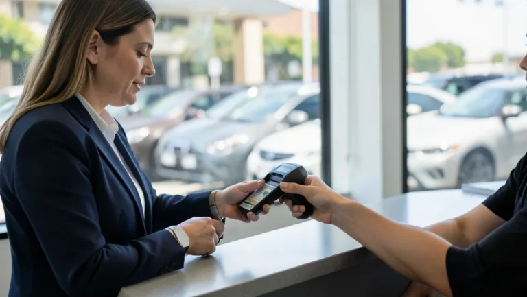Rental car agent scanning a customer driver license with a handheld scanner at the counter