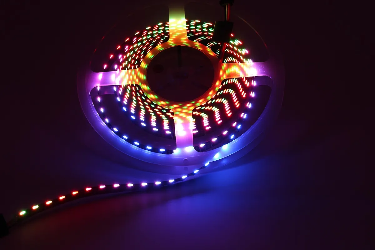 Lit multicolor LED strip on its reel
