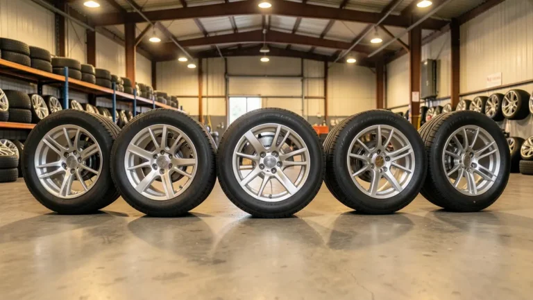 New alloy wheels and tires lined up in an automotive shop