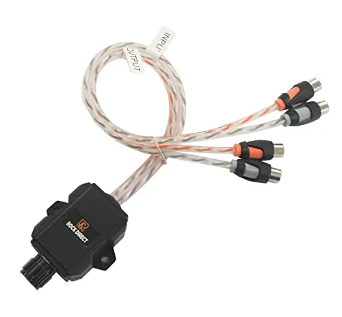 RonDexy RD01-RVC remote amplifier level controller with labeled input and output RCA cables and a compact control module