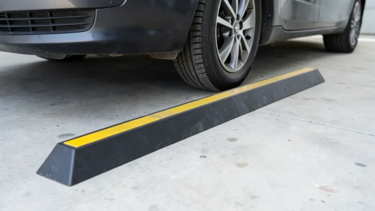 Long black rubber parking wheel stop with a yellow reflective stripe positioned in front of a car front tire and bumper in a garage