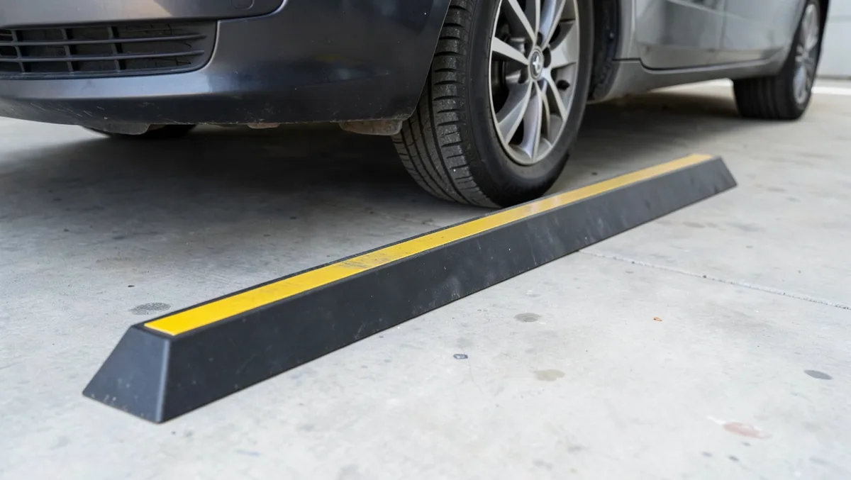 Long black rubber parking wheel stop with a yellow reflective stripe positioned in front of a car front tire and bumper in a garage