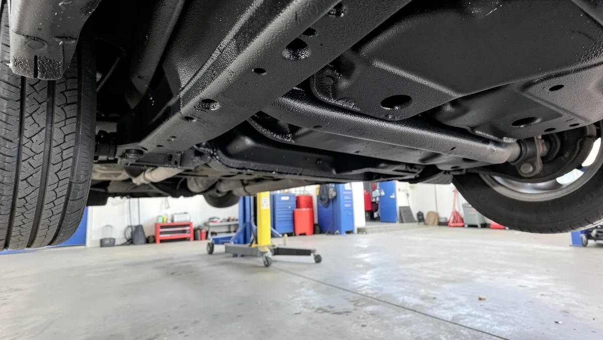 Car underside on a lift coated in fresh black rubberized undercoating spray