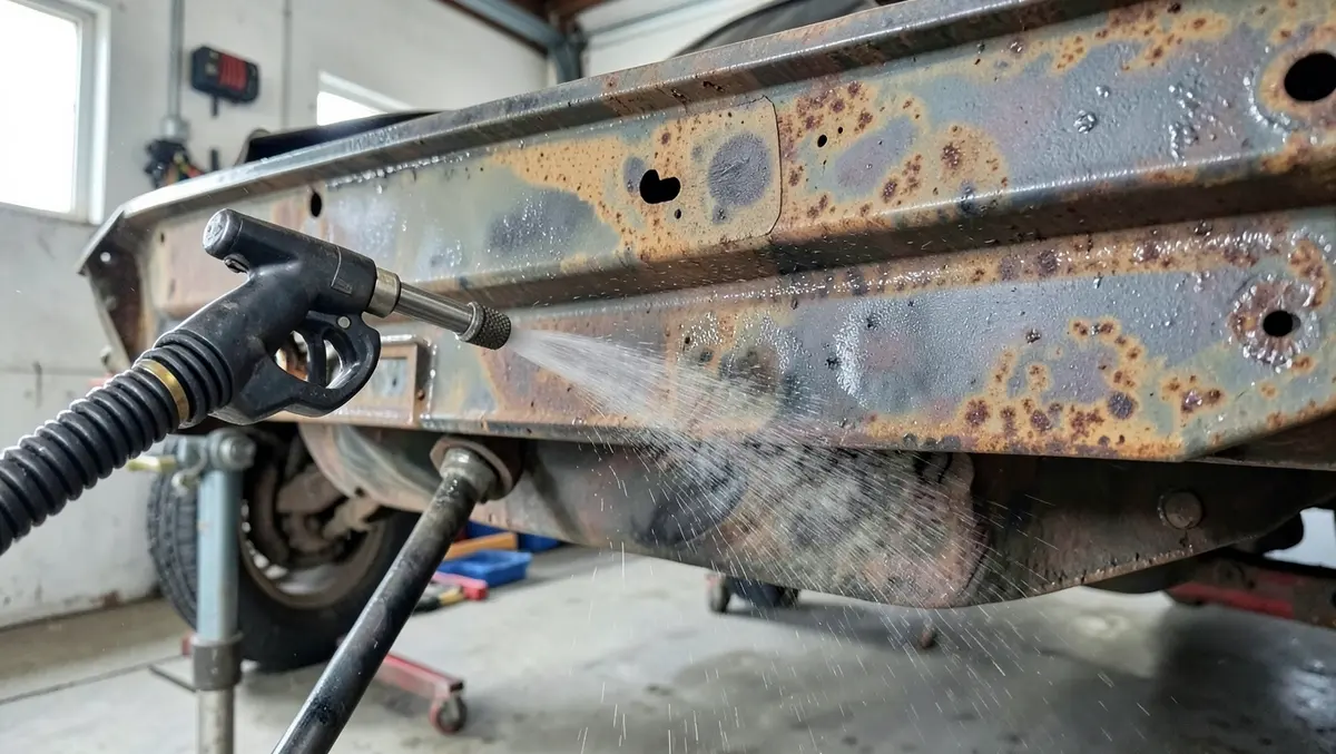 Pressure washer cleaning rust and debris off a car frame before applying undercoating