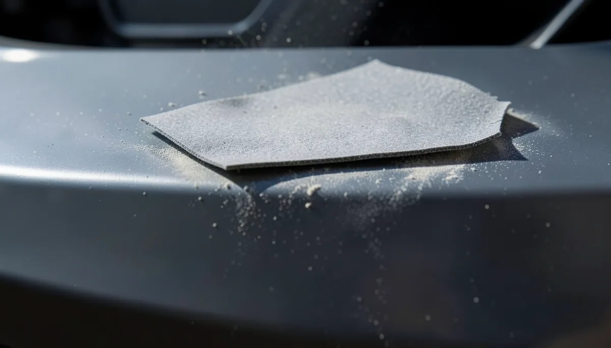 Close-up of sandpaper resting on a scuffed plastic car bumper surface during sanding prep